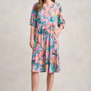 Jersey Tiered Dress - Multi Palm Print