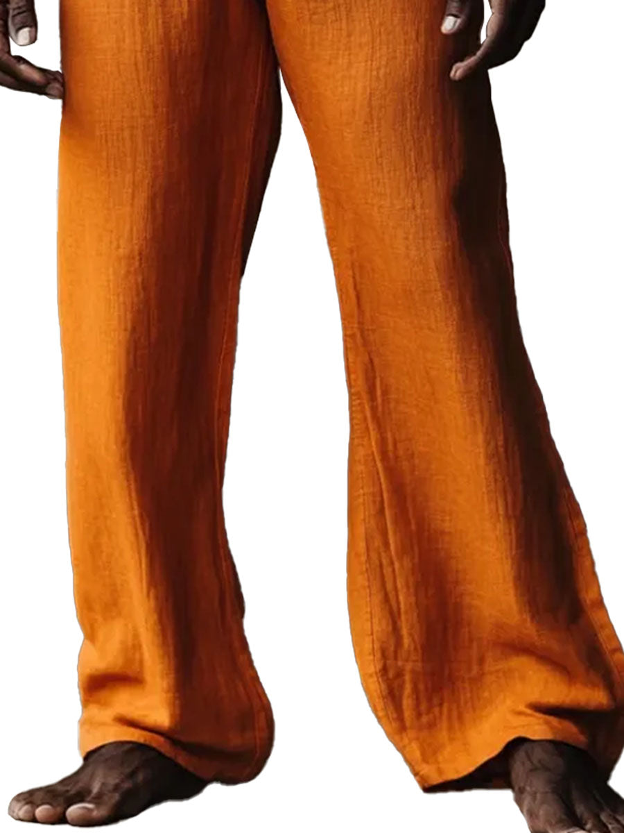 Men's Orange Cotton And Linen Wide-Leg Pants