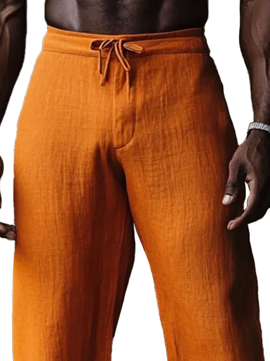 Men's Orange Cotton And Linen Wide-Leg Pants