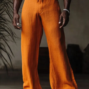 Men's Orange Cotton And Linen Wide-Leg Pants