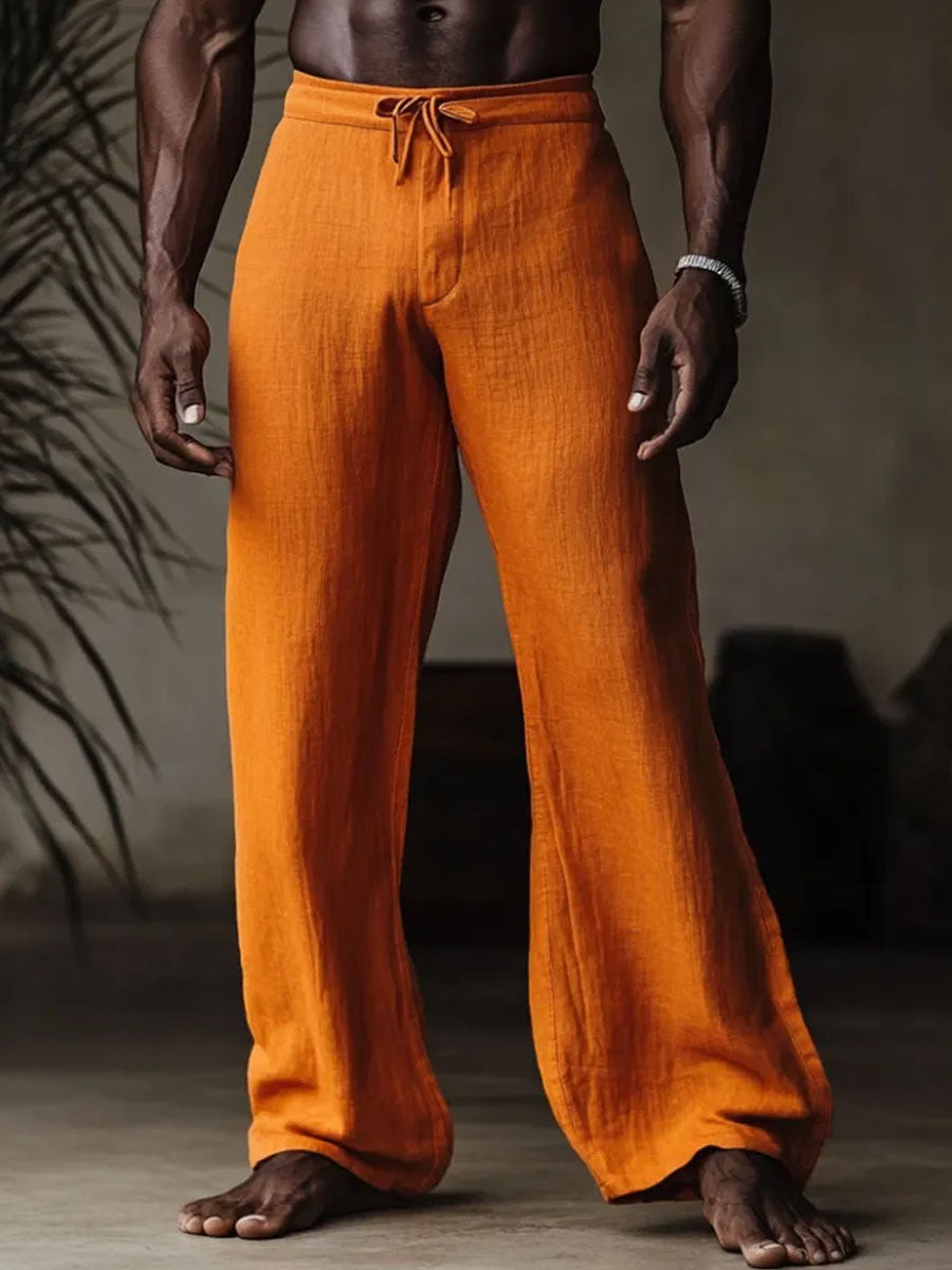 Men's Orange Cotton And Linen Wide-Leg Pants