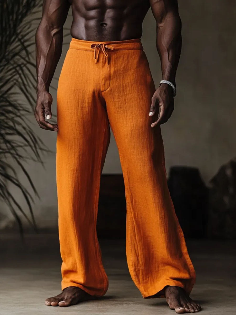 Men's Orange Cotton And Linen Wide-Leg Pants