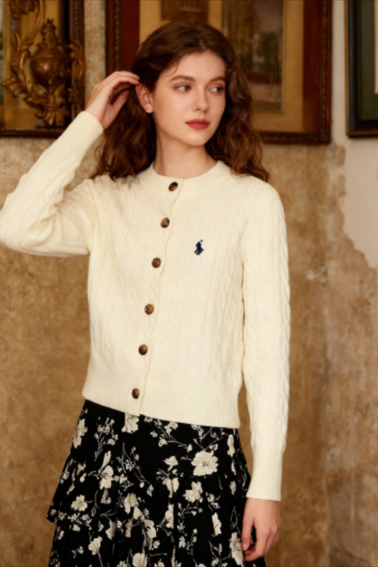 Embroidered Cable Wool Cardigan