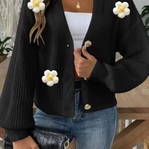 Short Floral Knit Long Sleeve Cardigan