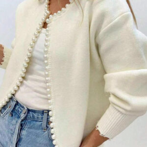 Pearl-Trimmed Crew-Neck Heavy-Detail Knit Cardigan