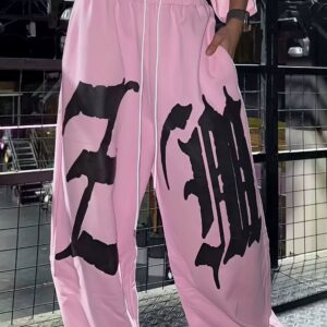 Drapey Letter Graphic Drawcord Curved Sweat Pants