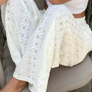 Solid Cutout Embroidered Elastic Waist Pants