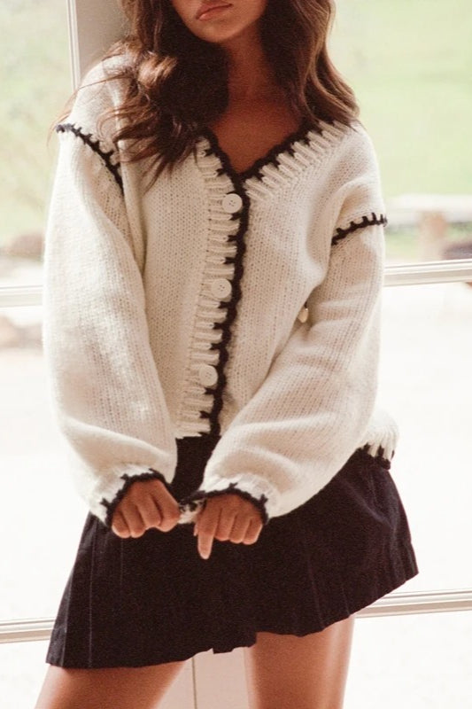 Vintage Cable Knit V Neck Button Cardigan